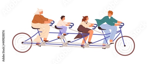 Family with children riding long tandem bicycle together. Father, mother and kids cycling multi-pedal bike for multiple riders. Flat vector illustration of co-cyclists isolated on white background