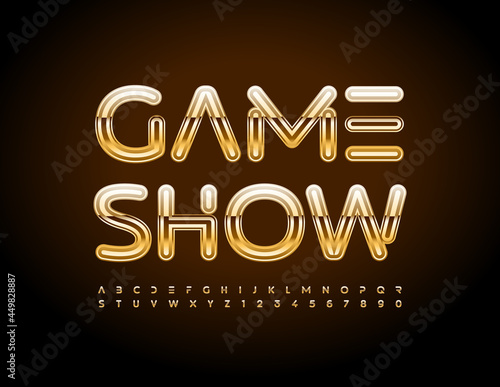 Vector entertainment poster Game Show. Gold digital Font. Creative Alphabet Letters and Numbers set