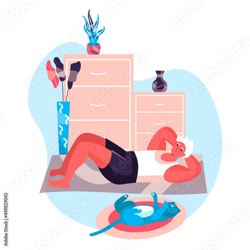 Fitness workout concept. Man exercises press lying on floor with cat. Active sport, wellness, body training, sportsman character scene. Vector illustration in flat design with people activities