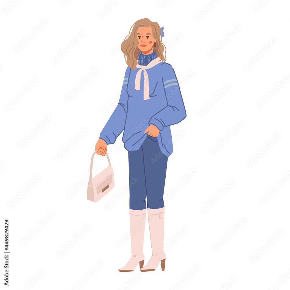 Spring and autumn vogue, woman in blue oversize sweater and pants, beige sack, scarf and boots isolated flat cartoon character. Vector lady in fashionable urban outfits, stylish blonde girl