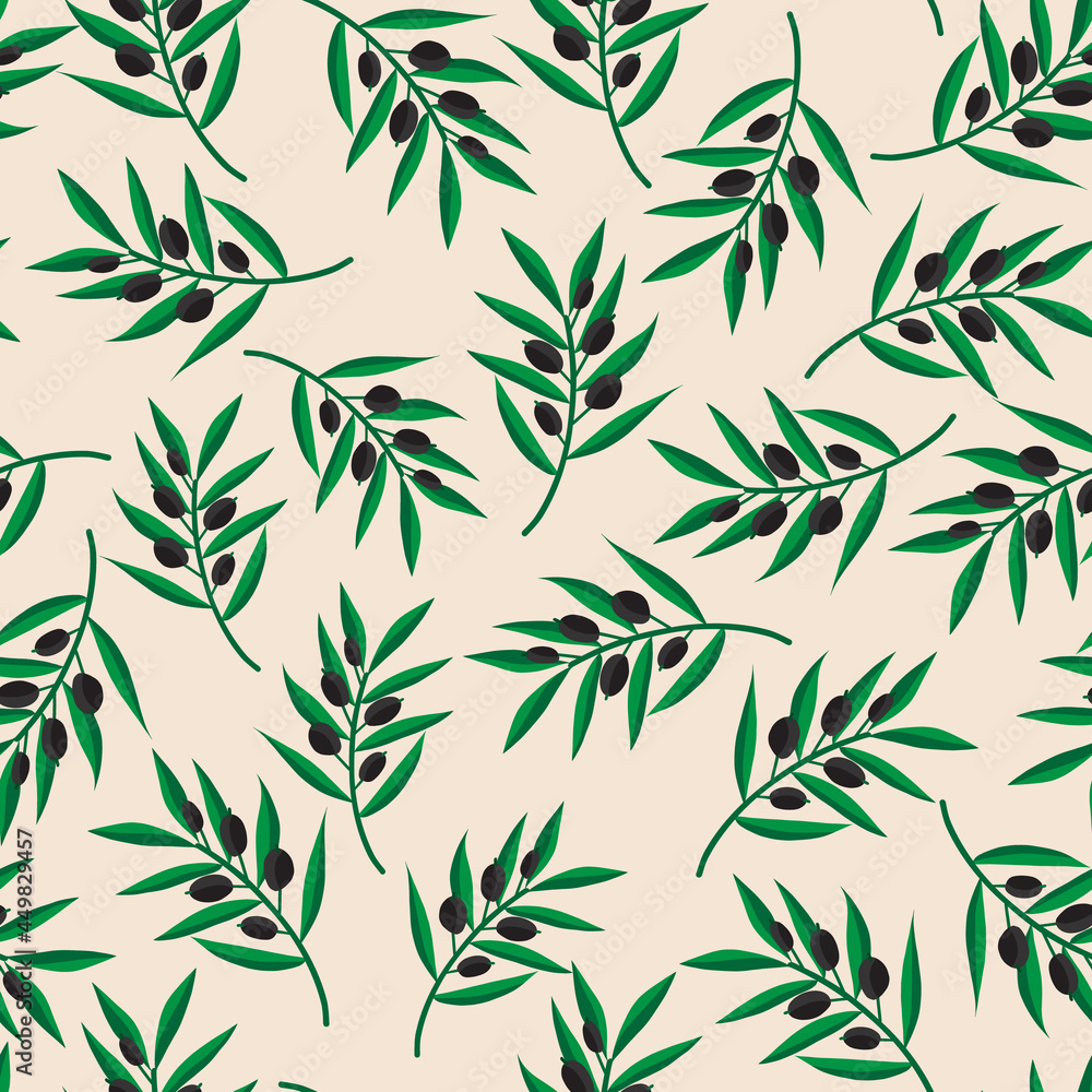Black olive tree branches seamless vector pattern. Olive tree leaves repeating background. Hand drawn vector illustration repeat tile for fabric, textiles, wrapping, food packaging, kitchen decor. Black olive tree branches seamless vector pattern. Olive tree leaves repeating background. Hand drawn vector illustration repeat tile for fabric, textiles, wrapping, food packaging, kitchen decor.