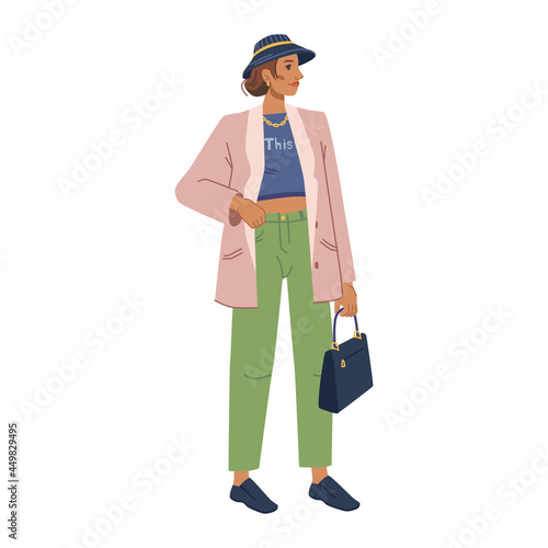 Woman fashion model in stylish outerwear autumn spring collection isolated flat cartoon character. Vector fashionable lady on coat, trousers and shot shirt, hat and leathers sack, trendy boots shoes