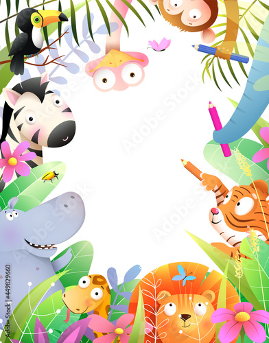 Cute baby animals drawing with pencils, jungle kids invitation or diploma frame design with empty copyspace inside. Colorful watercolor style cartoon for children.