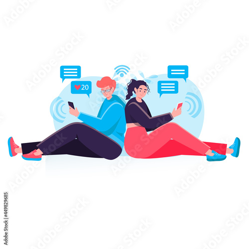 Social network concept. Man and woman send messages and emails from smartphones, internet addiction and online communication character scene. Vector illustration in flat design with people activities