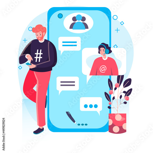 Social network concept. Man chatting with woman, sends her messages in messenger. Internet addiction and online communication character scene. Vector illustration in flat design with people activities