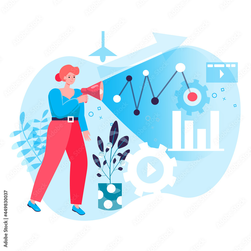 Digital marketing concept. Woman with megaphone attracts new customers, promotes business with success online strategy character scene. Vector illustration in flat design with people activities Digital marketing concept. Woman with megaphone attracts new customers, promotes business with success online strategy character scene. Vector illustration in flat design with people activities