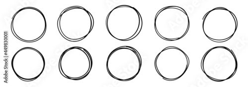 Hand drowning circle line sketch vector set. Highlighter marks, strokes, Art brush design round circular scribble doodle graffiti bubble or ball draft illustration for logo and text.