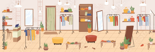 Interior of woman shopping footwear, cloth and accessories store flat cartoon illustration. Vector empty clothing shop interior, fashionable apparel for stylish women. Fitting room and mirrors
