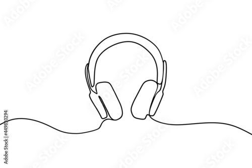 One line headphone speaker icon. Outline contour sketch of earphone gadget, continuous line headset drawing. Vector art
