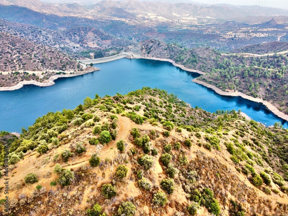 Aerial bird's eye drone view of water Lefkara reservoir river lake Cyprus 
