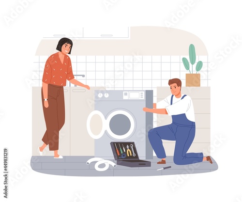 Worker fixing broken washing machine. Master from emergency repair service help woman with home appliance. Repairman working with tools. Flat vector illustration isolated on white background