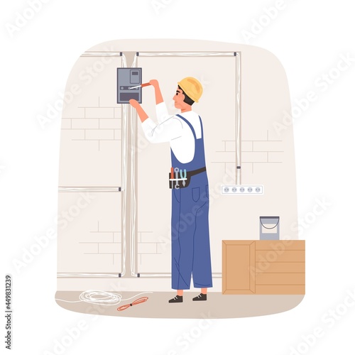Electrician repairing and installing electrical wiring system. Workman fixing wires and cables with tools. Handyman working with electricity. Flat vector illustration isolated on white background