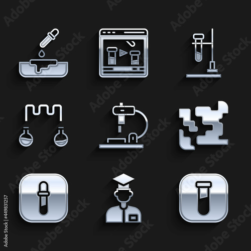 Set Microscope, Laboratory assistant, Test tube and flask, Gaseous, Pipette, on fire and Petri dish with pipette icon. Vector