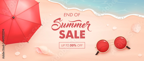 End of summer sale horizontal background. Vector beautiful realistic top view illustration of sandy summer beach with beach umbrella, sunglasses and seashells