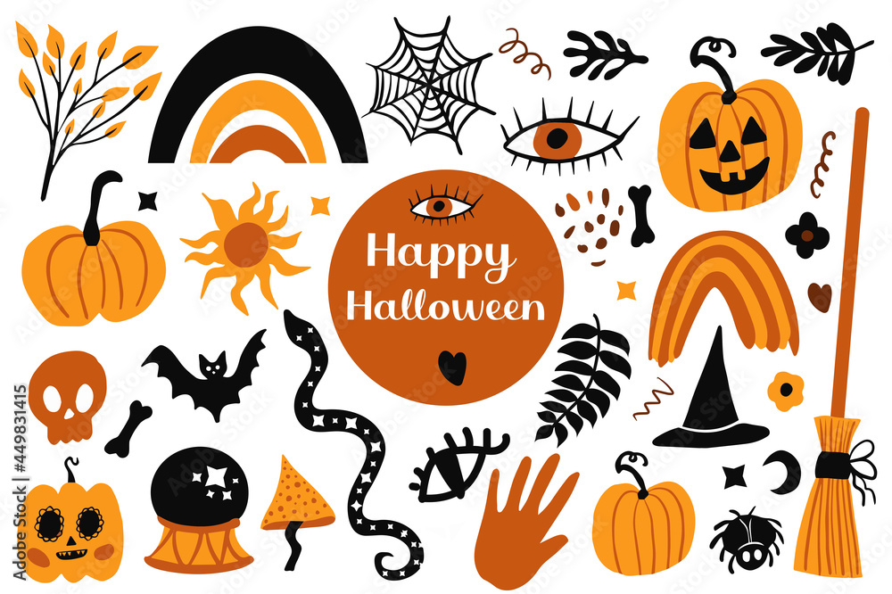 Happy halloween Boho abstract set. Bohemian mystical magic collection clip art hand drawing style. creative contemporary aesthetic doodle elements . Vector illustration