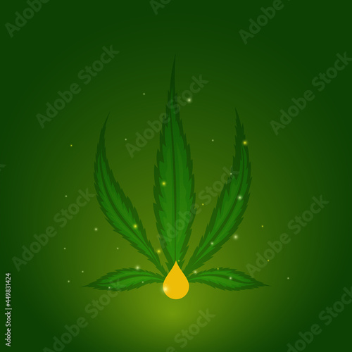 Cannabis oil extracting from marijuana leaf on green background. Cbd oil production. Treatment with medical hemp. Herbal alternative medicine concept. Vector illustration.