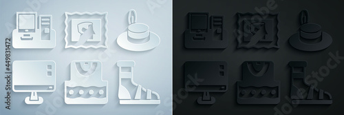 Set Waistcoat, Man hat, Computer monitor screen, Slippers with socks, Postal stamp and Monitor keyboard icon. Vector