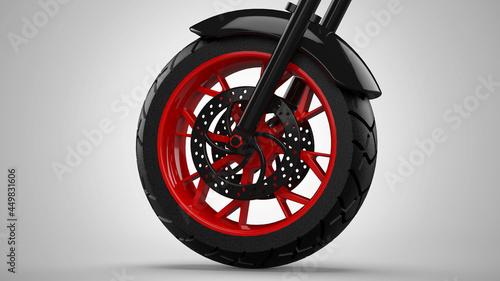 3D Rendering image. Red Rim. Black Tyre. Front Bike Wheel 8K left view
