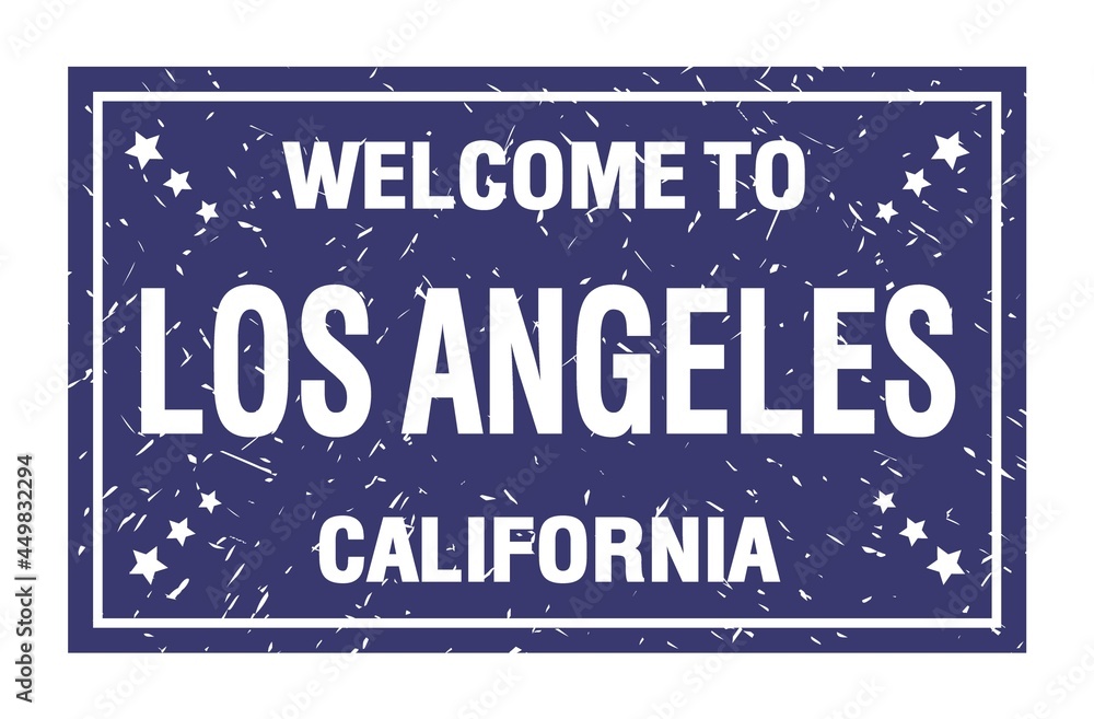 WELCOME TO LOS ANGELES - CALIFORNIA, words written on blue rectangle stamp