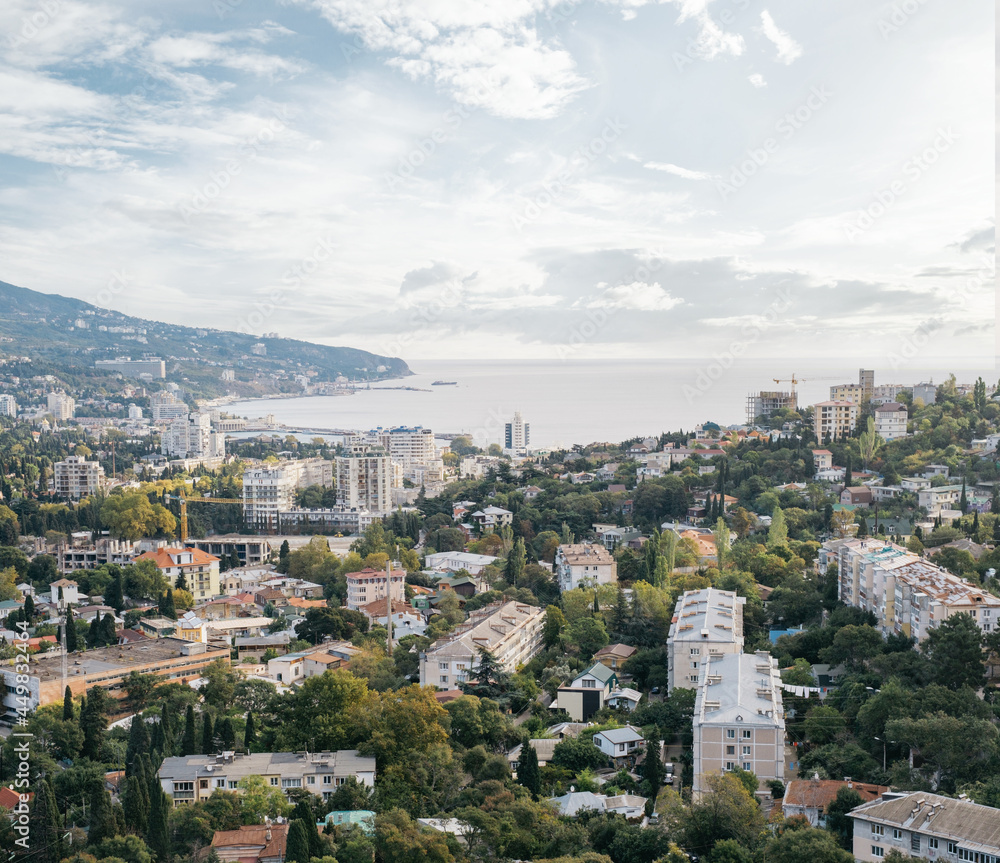 Crimea, Yalta, city landscape. View of the architecture and Yalta bay, black sea.