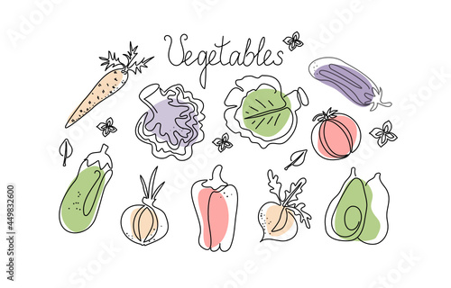 Set of vegetables in the style of line art. One line drawing. Vector graphics. Isolated background.