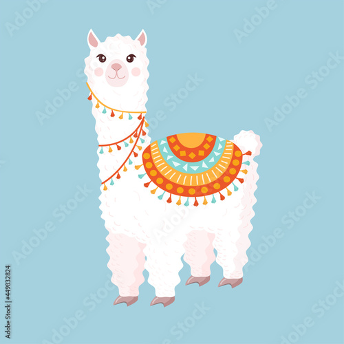 Festive llama or alpaca on a blue background. Vector illustration for baby texture, textile, fabric, poster, greeting card, decor. Character design.
