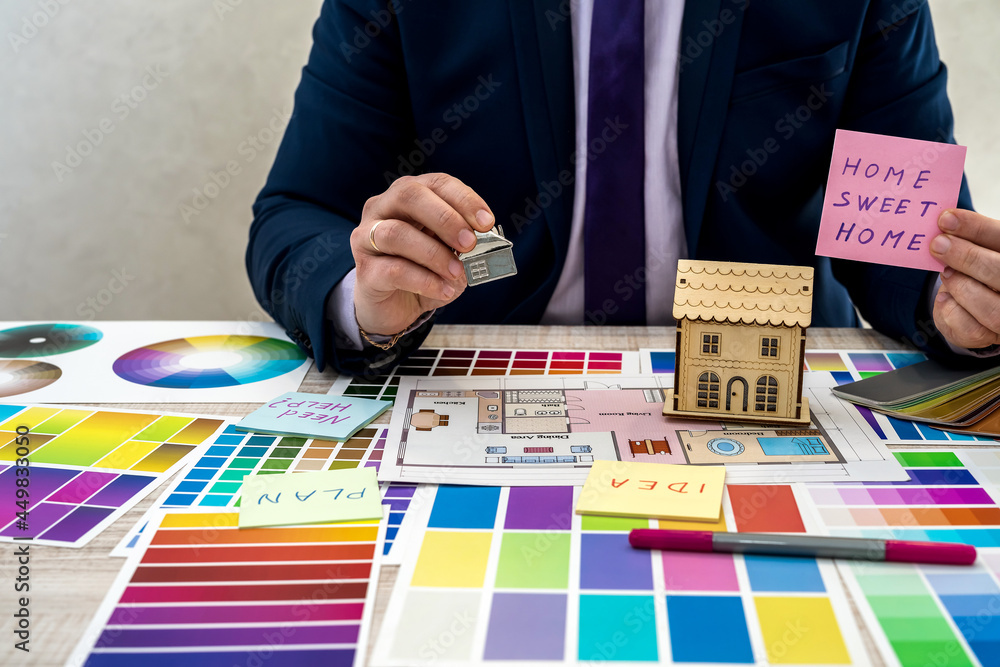 Designer develops a sketch of interior illustration with color scheme ...