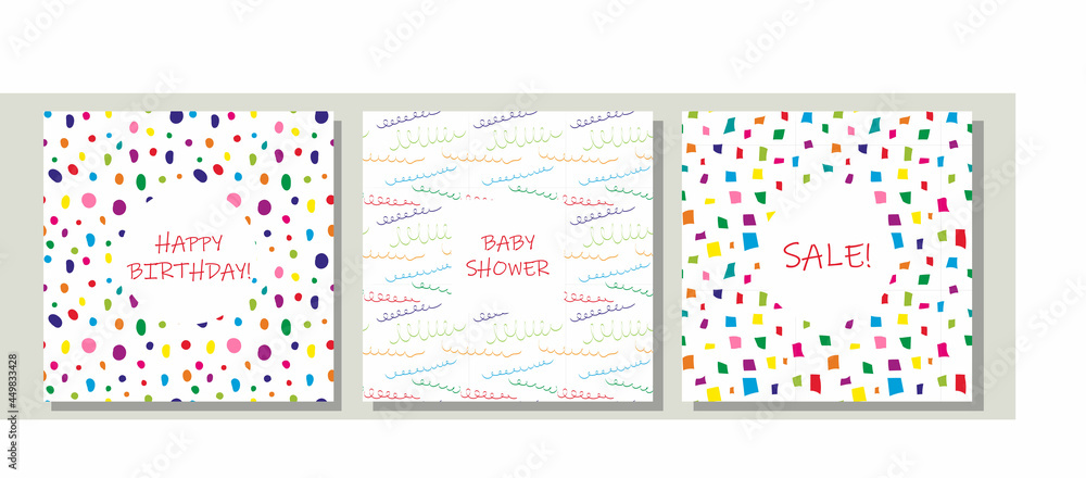 Set of 3 card with abstract hand drawn geometric simple minimalistic seamless pattern on white background. Multicolored polka dot circle texture. Vector illustration