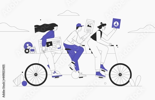Business team riding tandem bicycle. Businessman and businesswoman characters on bike. Successful teamwork and leadership concept. Flat style vector illustration.