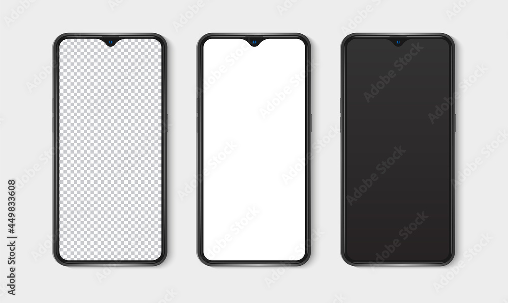 Realistic smartphone mockup set. Mobile phone blank, white, transparent screen design mock up. Isolated vector illustration Realistic smartphone mockup set. Mobile phone blank, white, transparent screen design mock up. Isolated vector illustration