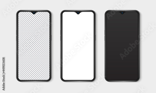 Realistic smartphone mockup set. Mobile phone blank, white, transparent screen design mock up. Isolated vector illustration
