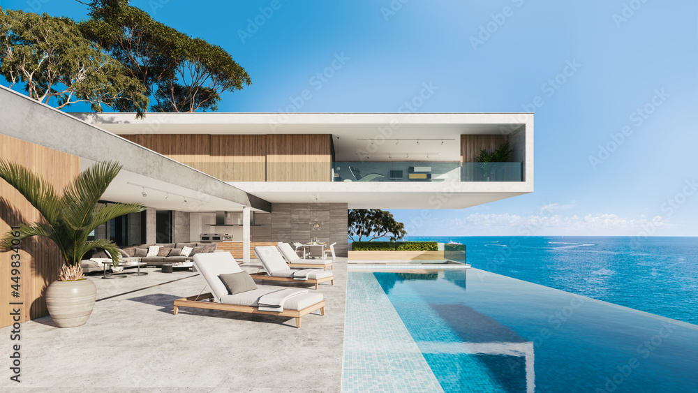 Contemporary house with pool. Pool deck at private villa. 3d illustration - obrazy, fototapety, plakaty 