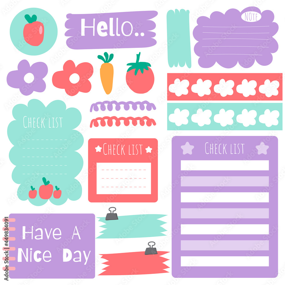 Sticky note set. Cute paper notes. Stationary set. Scrapbook notes and cards.Printable planner stickers. To Do List note. Template for your message. Decorative planning element. Vector illustration.