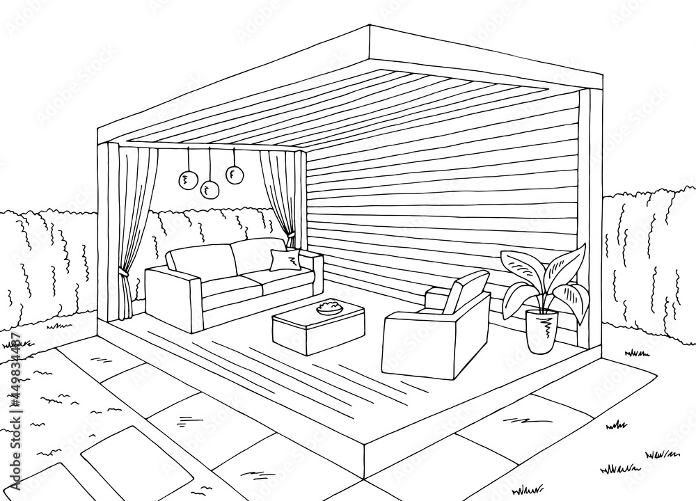 Gazebo garden modern graphic black white architect landscape sketch illustration vector