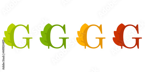 Otoño. Caída de la hoja. Logotipo letra inicial G con forma de hoja de árbol en color verde, naranja y rojo