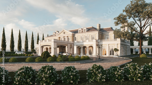 Luxury Mansion with garden. Expensive cars in the mansion. Luxury mansion villa house building. 3d illustration