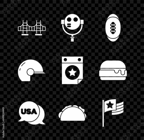 Set Golden gate bridge, Tourist binoculars, American Football ball, USA Independence day, Taco with tortilla, flag, Baseball helmet and Calendar date July 4 icon. Vector