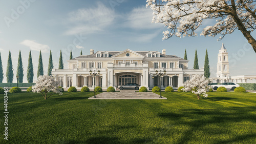 Luxurious residence with a green lawn. Beautiful expensive house. Luxurious mansion exterior. 3d illustration