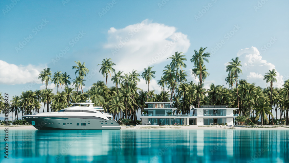 Luxury mansion beach house. Yacht on the villa background. 3d illustration