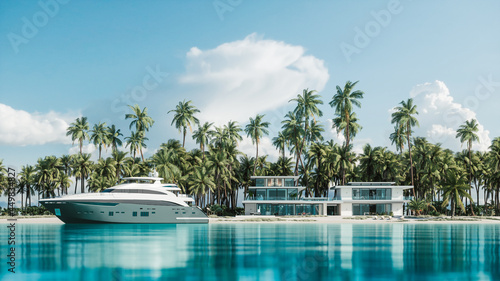 Fototapeta Naklejka Na Ścianę i Meble -  Luxury mansion beach house. Yacht on the villa background. 3d illustration
