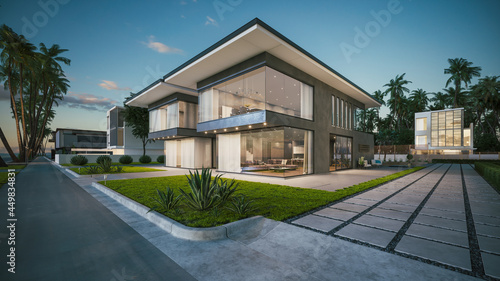 Modern luxury house at dusk. Private house exterior at sunset. 3d illustration photo