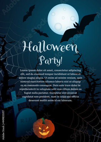 A flyer for a Halloween party. A bright moon with silhouettes of bats against the dark sky and a terrible forest with a cemetery
