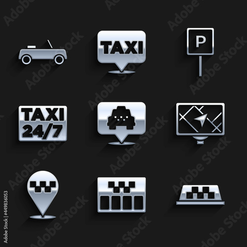 Set Location with taxi, Taximeter, car roof, Gps device map, Parking and Car icon. Vector