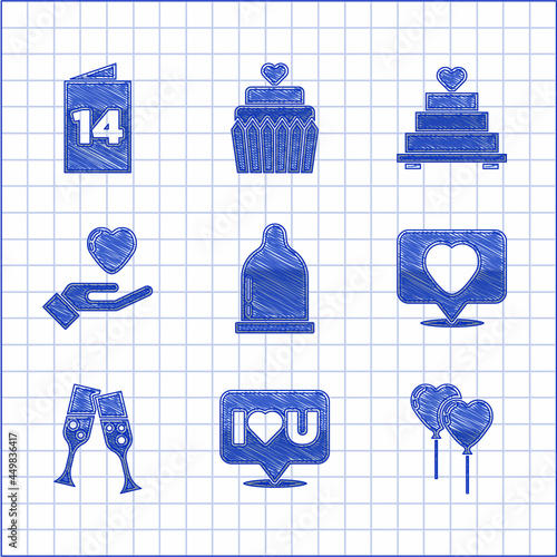 Set Condom, Speech bubble with I love you, Balloons in form of heart, Like and, Glass champagne, Heart hand, Wedding cake and Greeting card icon. Vector