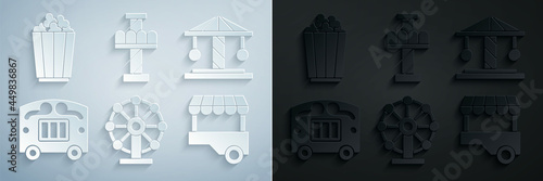 Set Ferris wheel, Attraction carousel, Circus wagon, Fast street food cart, and Popcorn in box icon. Vector