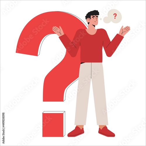 Portrait of thoughtful people. Smart man standing near big question mark thinking or solving problem. Pensive male character with thought bubble. Flat cartoon vector illustration.