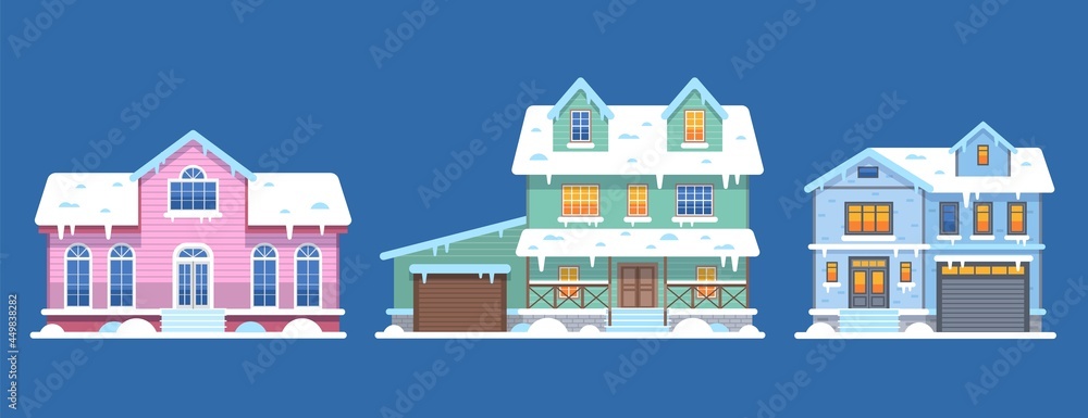 Winter houses. Cottages and townhomes pastel pink blue colors in snow, front view snowy buildings, christmas hotel. Xmas holidays celebration place. Real estate vector flat isolated set