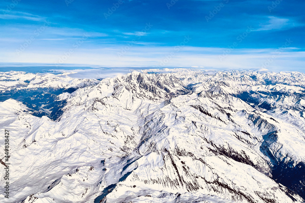An aerial view of Mount Blanc and the surrounding Alps.