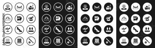 Set Sandbox with sand, Kid playground slide pipe, Ferris wheel, Horse in saddle swing, Boat, Forest and Swing plane icon. Vector