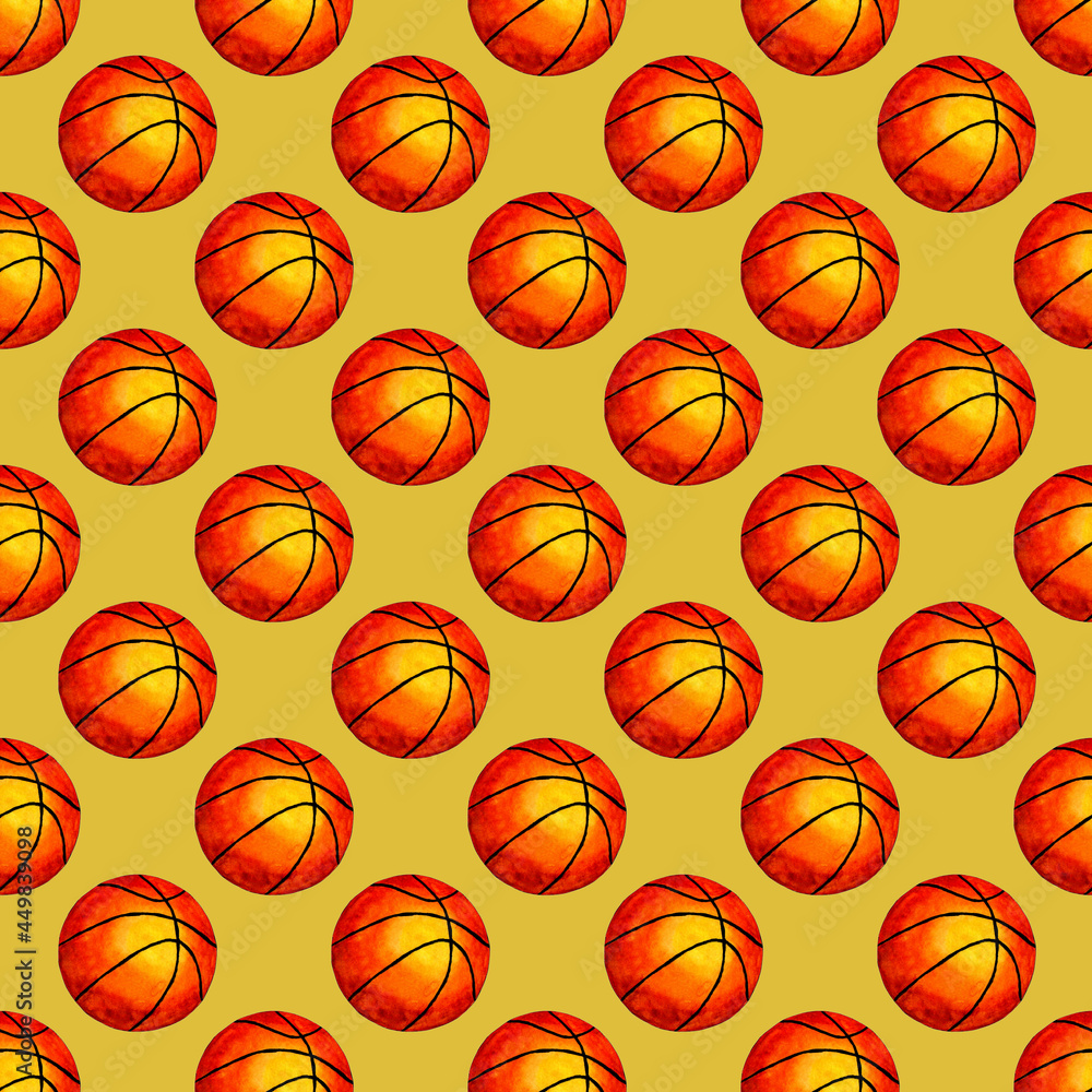 Watercolor illustration Basketball ball seamless background. Ideal for wallpapers, covers, packaging, packaging, fabric design and any decor. Isolated on a yellow background. Drawn by hand.